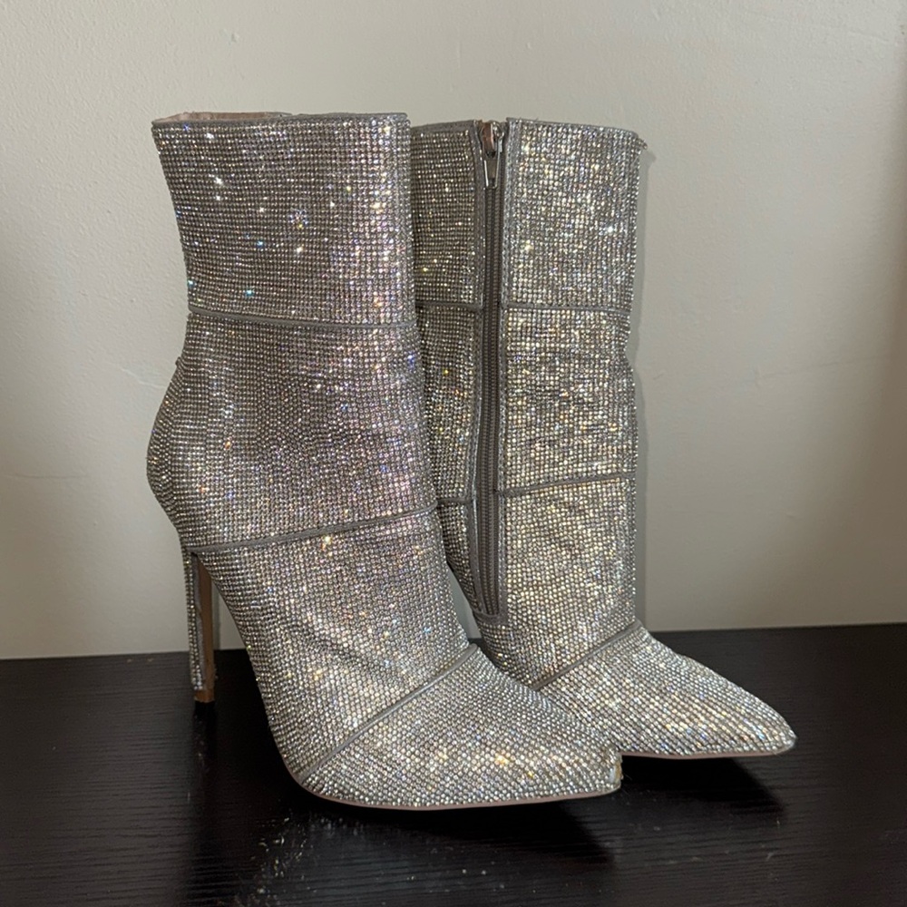 Steve Madden Silver Rhinestone Pointed Toe Stiletto Ankle Boots